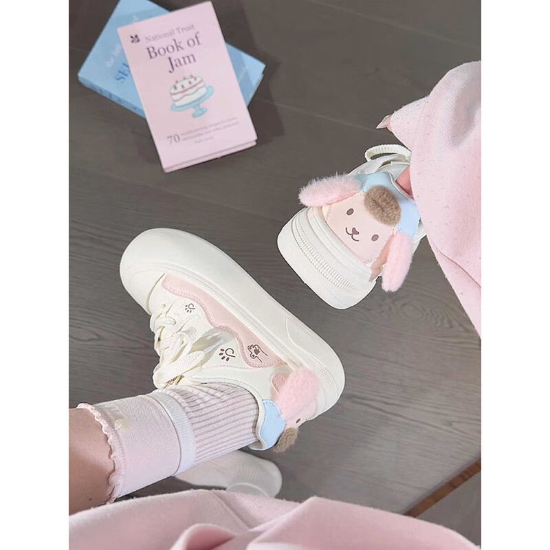 Renben Pudding Dog Cute Big Head Women's New Breathable Bread Shoes Versatile White Sneakers Pink Size 36