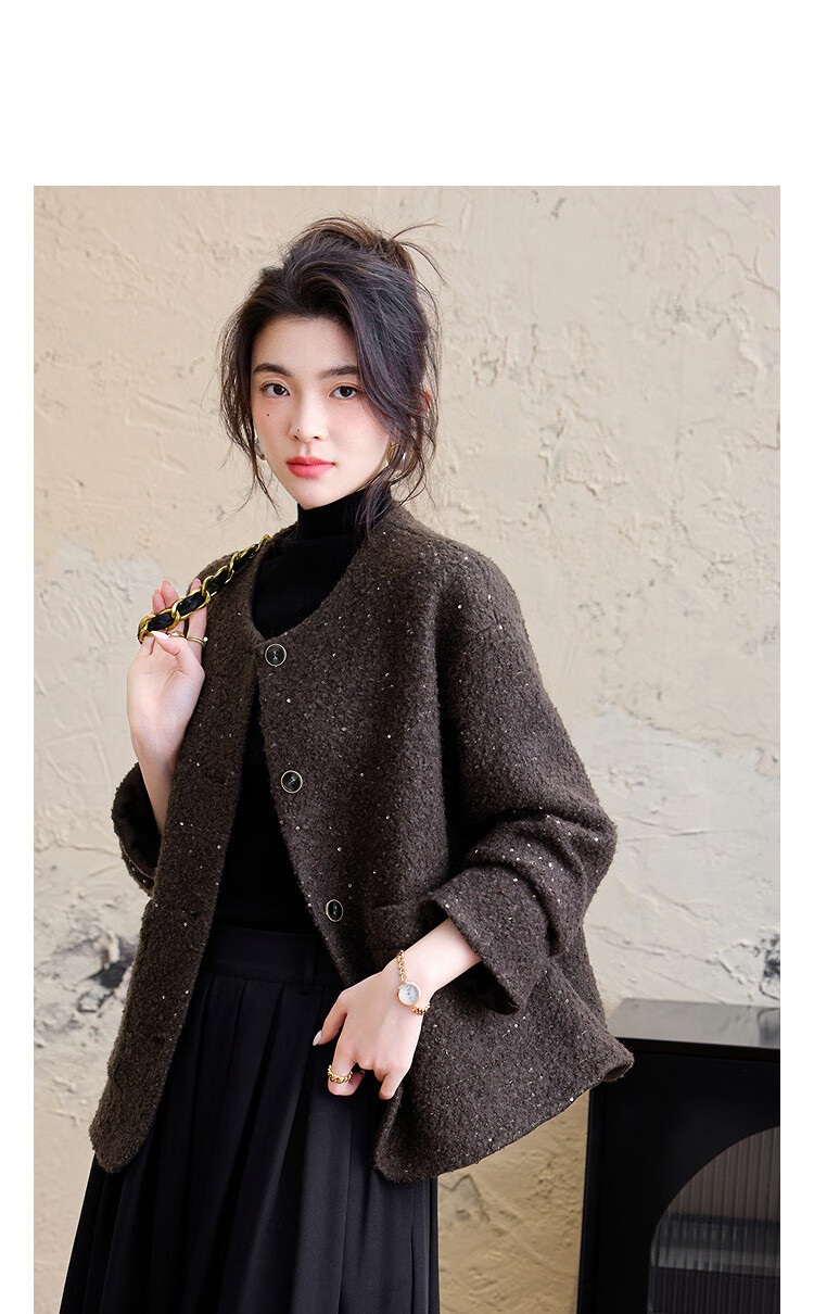 Demana Luxury Soft Wool Winter Intellectual Round Neck Boxy Thick Warm Sequin Loose Double-Faced Wool Coat for Women 3