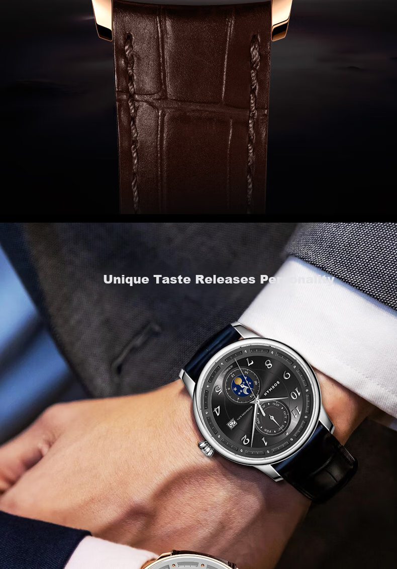 BORMAN BORMAN German Certified Men's Mechanical Watch, Fully Automatic Multifunctional Luxury Watch, Rose Gold Case with White Dial And Brown Leather Strap 9