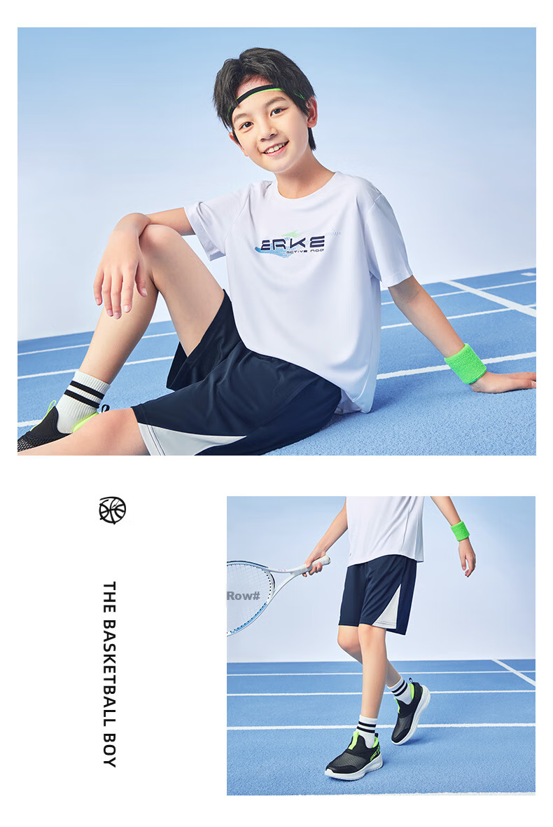 ERKE Children's Sportswear, Boys And Girls Outdoor Short-Sleeve Set, Summer Wear, Pure White, Size 165 14