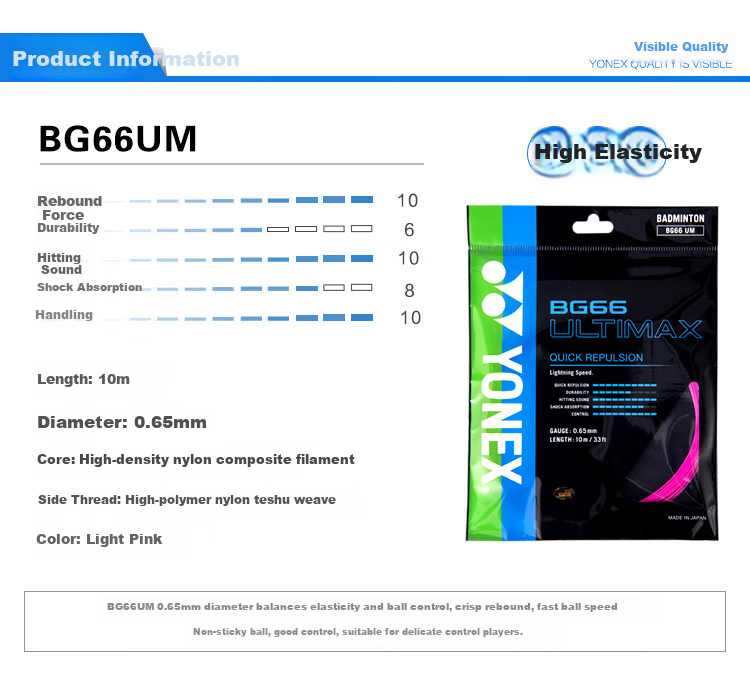 YONEX Badminton String, High Elasticity Type, for Competition Training, Precise Control, Sound-Efficient, BG66UM-705, Light Pink 1