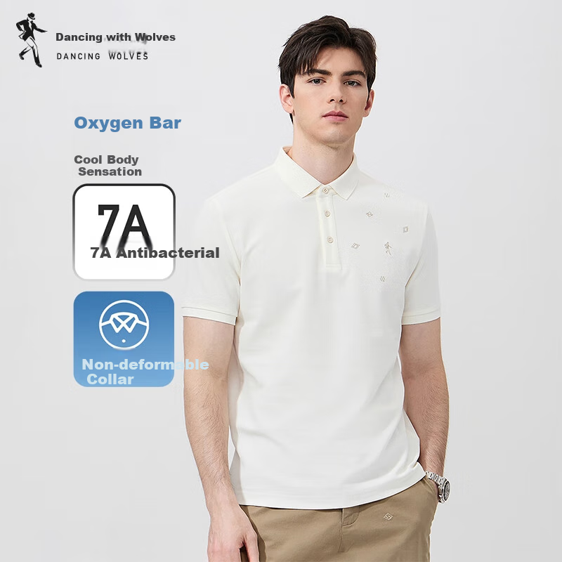 DANCING WOLVES [Ice Oxygen Bar & 7A Grade Antibacterial] Summer Dotted Embroidery Men's Short-Sleeve POLO, 801 Off-White, 3XL(190)
