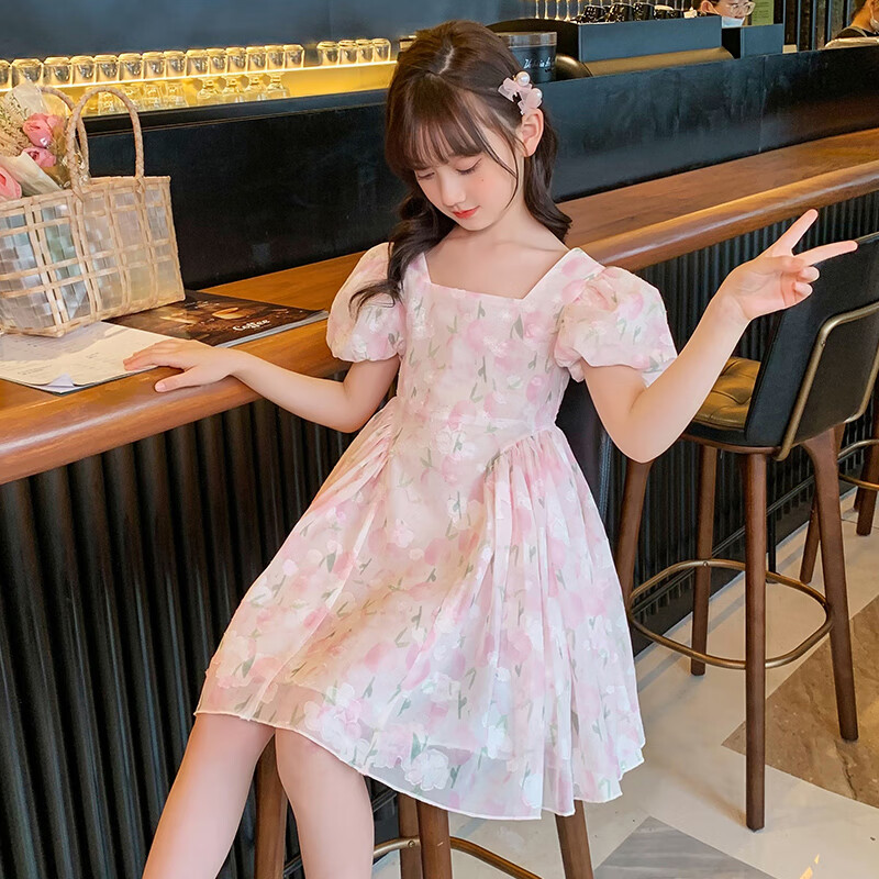 Baminuo Girls' Summer Dress, New Korean Style Children's Fashionable Thin Princess Dress for Older Kids, Pink, Size 120