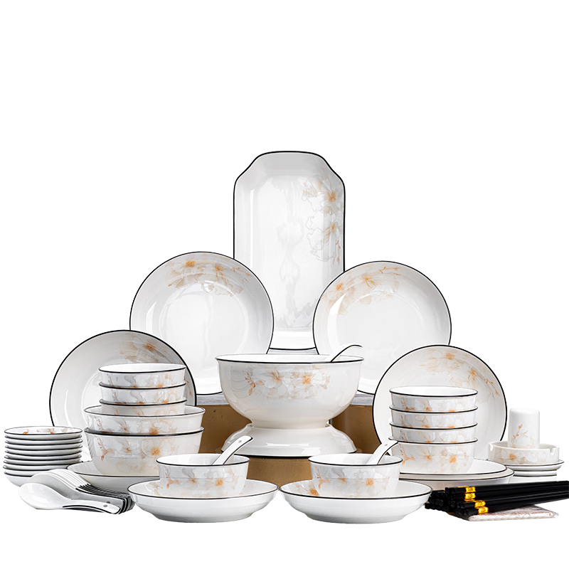 JD Original Bowl And Plate Set, Jingdezhen Porcelain Dinnerware Set, Housewarming Ceramic Gift Box, Blooming Prosperity Design with 88 Pieces