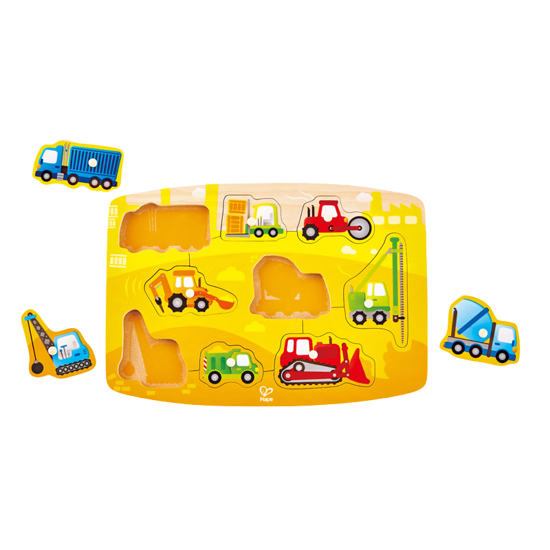Hape Children's Early Education Toy, Three-Level Engineering Vehicle Team, Small Handle Puzzle, Birthday Gift E1407