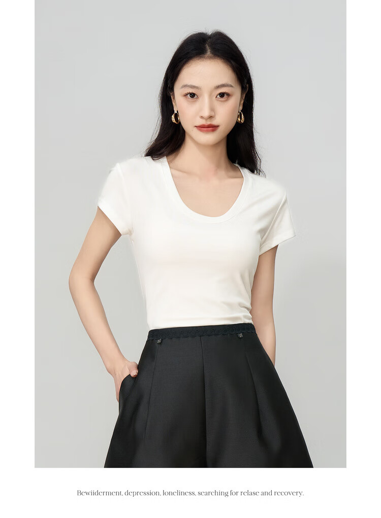 Olrain White U-Neck Slim Fit Short Sleeve T-Shirt for Women Summer Petite Top White L 14
