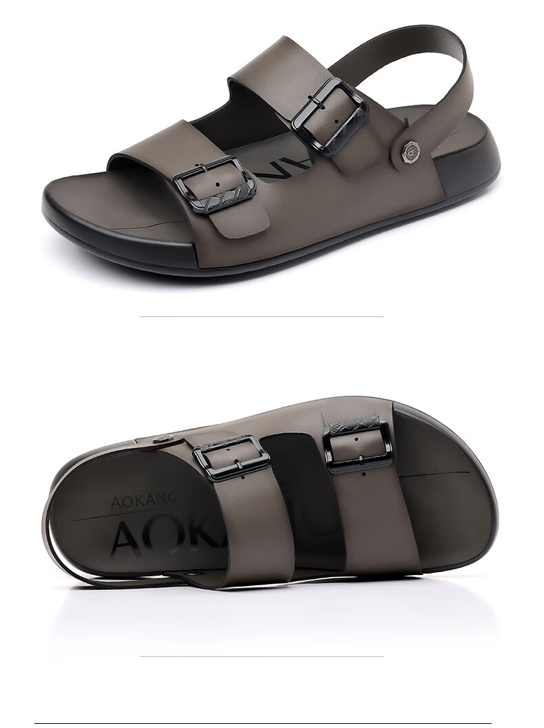Aokang Men's Sandals, Summer Beach Shoes, Casual Slippers, Soft-Soled Sandals, Khaki Color, Size 42 10