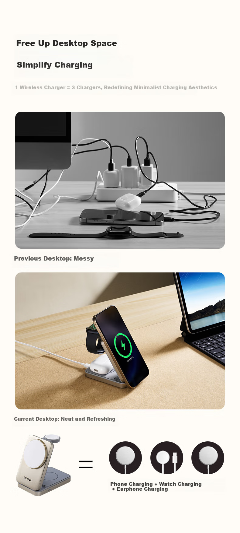 MOMAX Three-In Wireless Charger Gift Box, Apple Certified, Supports MagSafe 15W Magnetic Charging, Compatible with IPhone 18/17/16 Pro Max, Smartwatch, And Earphones 2