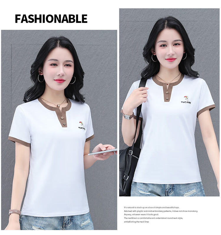 Woodpecker Pure Cotton Crew Neck Shoulder-Fit Short Sleeve T-Shirt for Women Summer New Slim Fit Black M 22