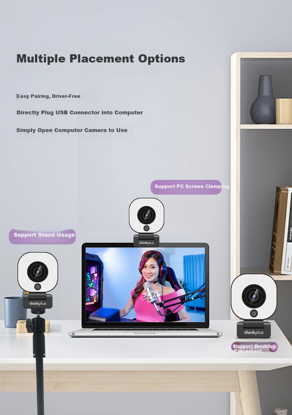Lenovo ThinkPlus Computer Webcam, 4K HD Auto Focus, Dual Microphones, Plug-And Three-Level Soft Light Beauty Mode, Live Streaming, E-Commerce, Online Classes And Meetings Webcam WL58A 8