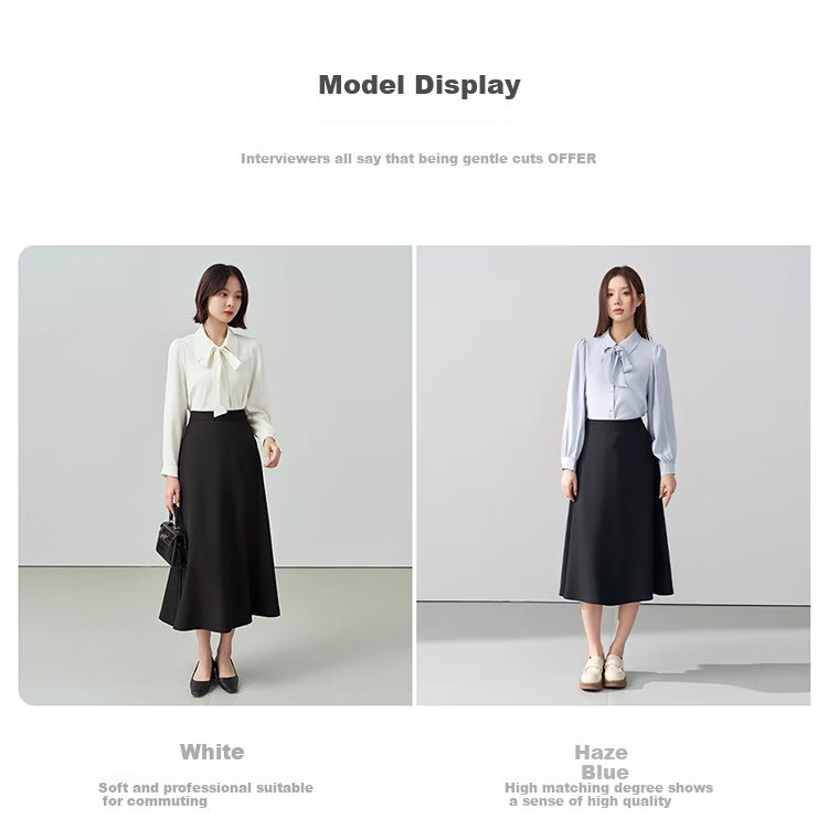 Bodexiaojie White Long-Sleeve Blouse for Women, Ribbon Tie, Professional Commute Top, Wrinkle-Resistant Interview Suit Inner Layer, Chiffon Blouse, XL 18