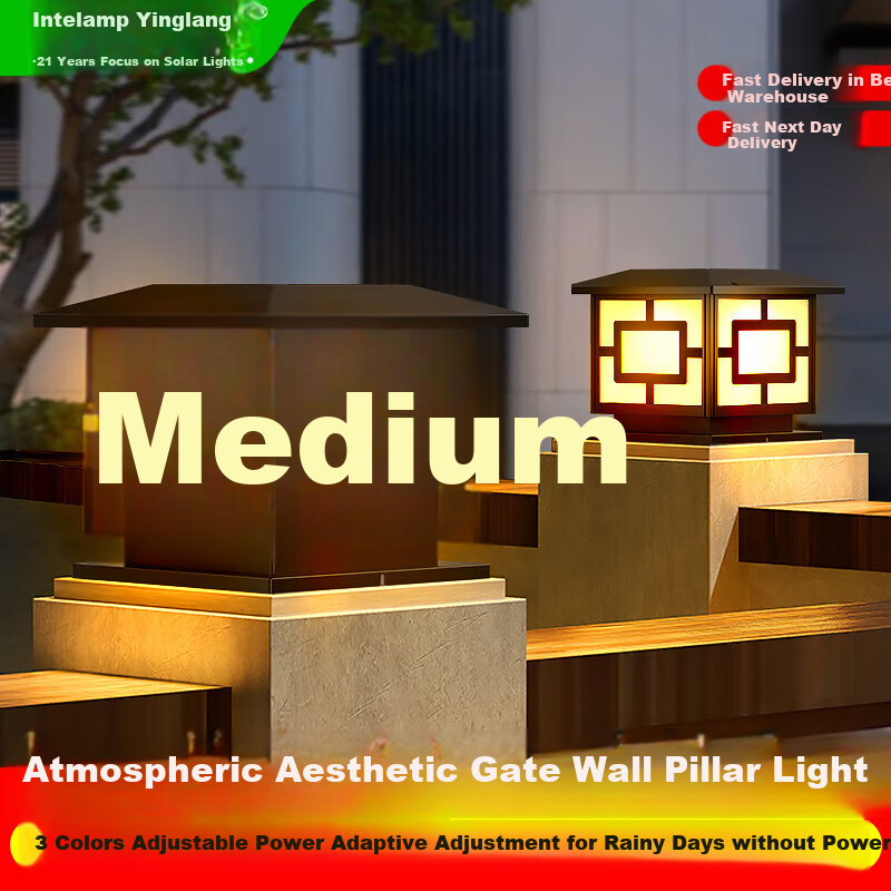 Intelamp Solar Wall Column Light, Outdoor Courtyard Gate Pillar Light, Flat Roof LED Exterior Waterproof Landscape Decorative Light