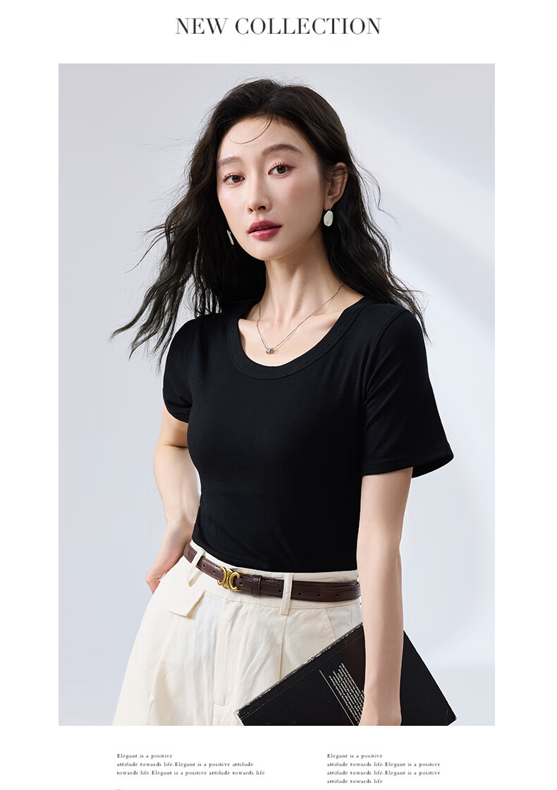 BOPRUIEY Women's Summer Short Sleeve Solid Color Ribbed Large Round Neck Slim Fit T-Shirt Top 20