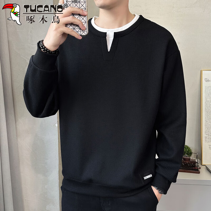 TUCANO Men's Sweatshirt, Loose-Fitting Round Neck Faux Two-Piece Long-Sleeve T-Shirt, Base Layer Clothing Jacket, Black, 4XL