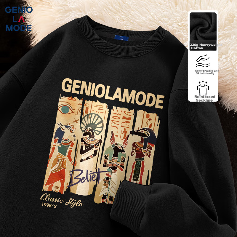 GENIOLAMODE Men's Sweatshirt, Autumn And Winter Fashion Casual Hoodless Round Neck Printed Trendy Versatile Men's Clothing, Black, M