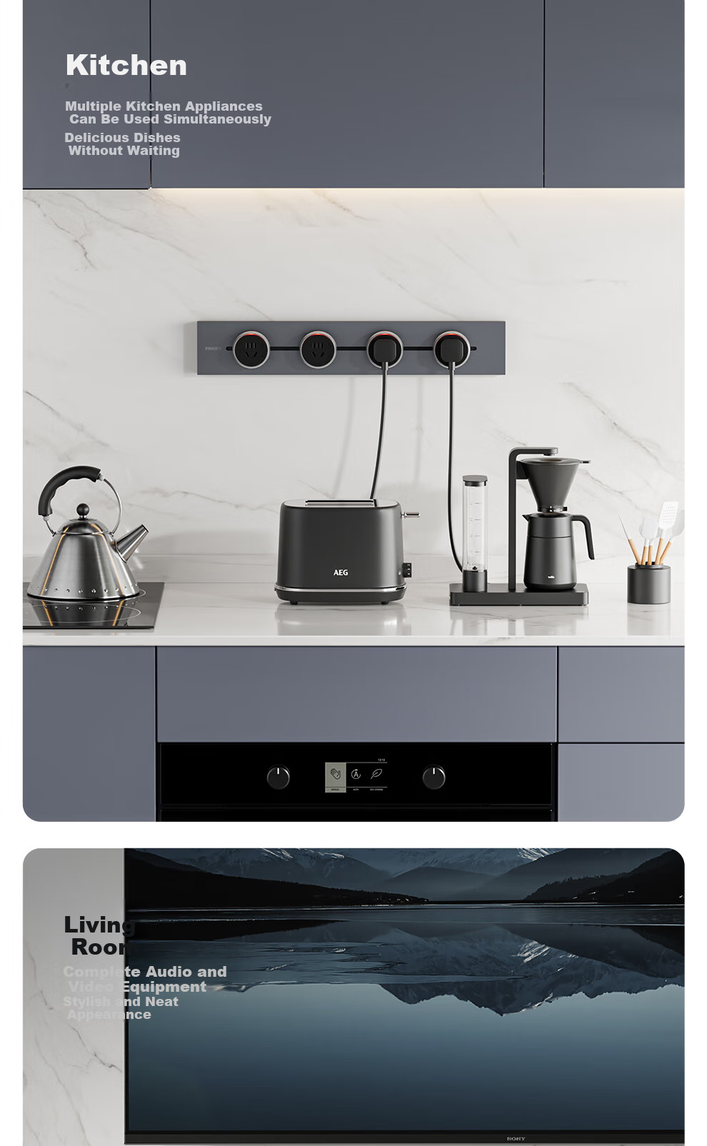 PHILIPS Surface-Mounted Track Socket Switch Panel, Wall-Mounted without Groove, Movable Sliding Rail Panel, Sideboard Track-Type Sliding Power Strip, 42cm Track + 2 Adapters, Gray 7