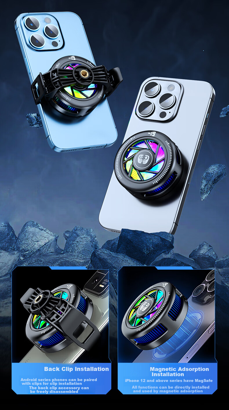 WITGOER [Three-In Phone Cooler] Wireless Charging Cooling Magnetic Flat Gaming Phone Stand Clip for E-Sports Live Streaming Semiconductor Cooling Compatible with Apple 42
