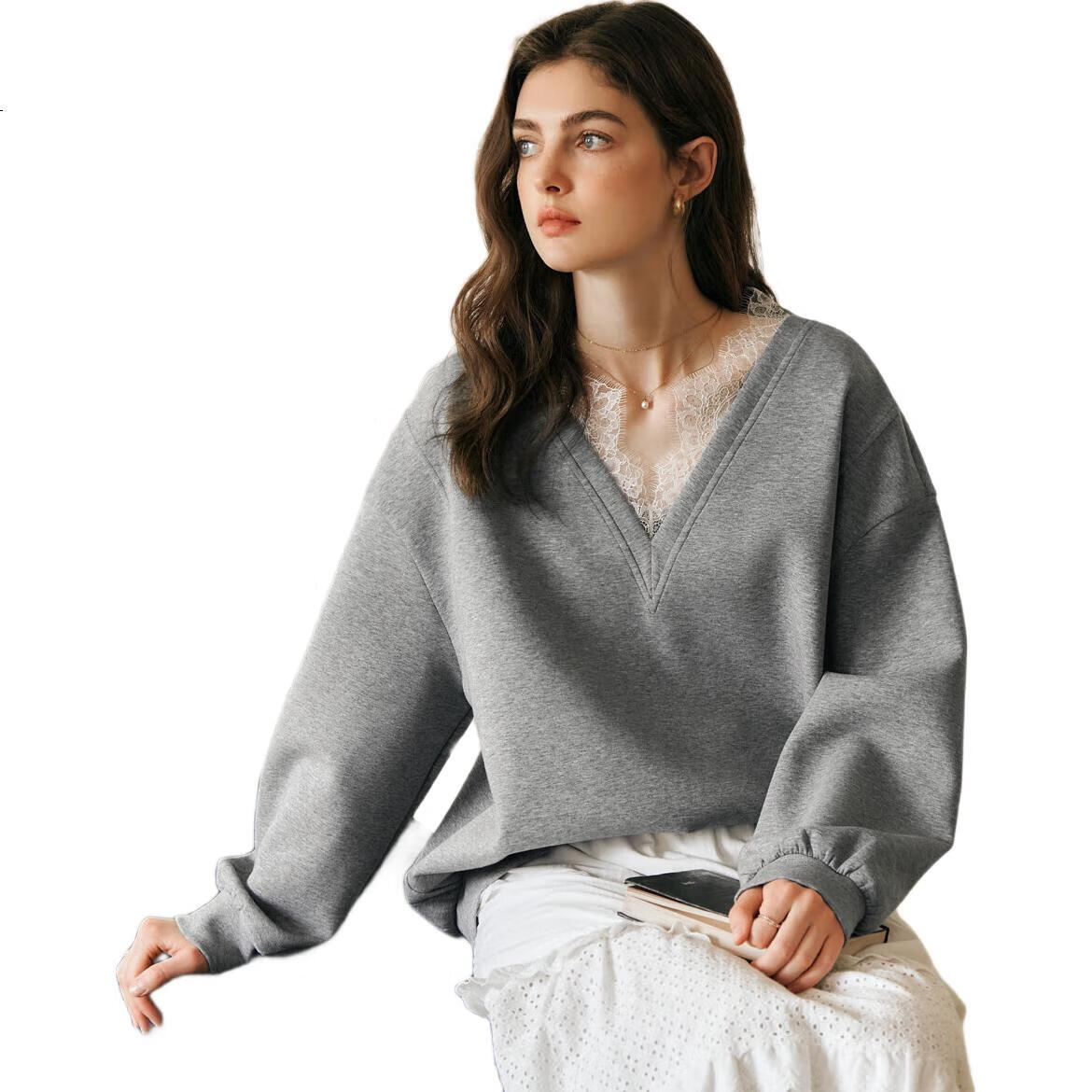 Oulain French V-Neck Sweatshirt for Women, Spring New Style Distinctive Lace Casual Pullover Top, High Gray, Size S