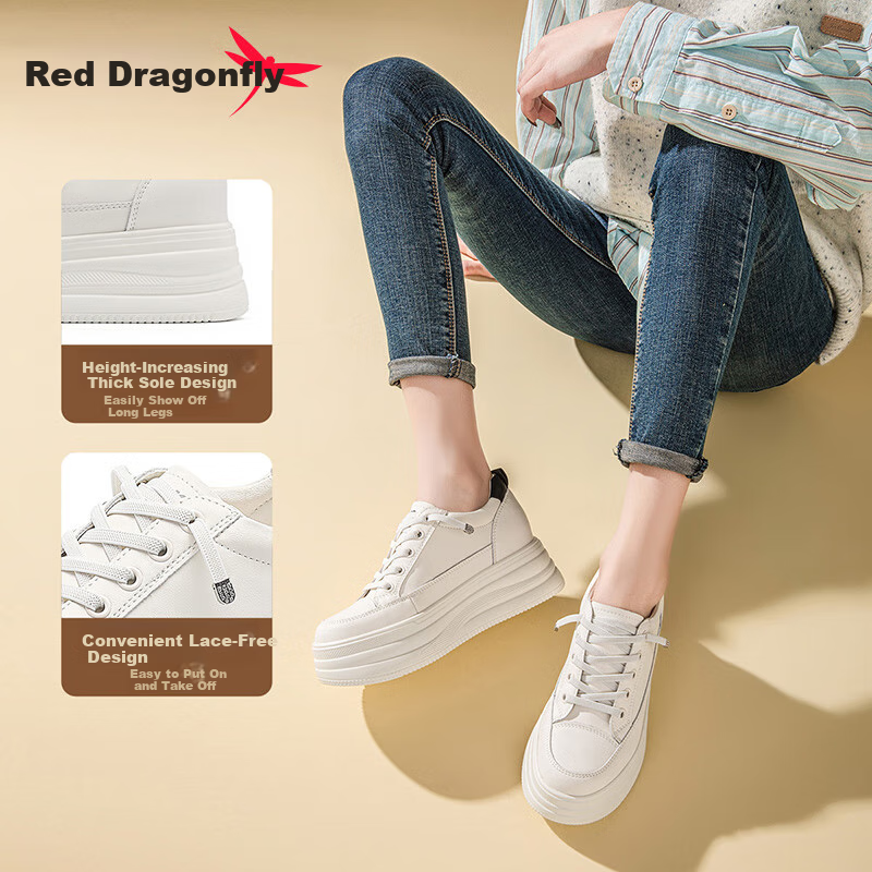 RED DRAGONFLY Women's Shoes, 2026 Autumn White Sneakers, Thick-Soled Heightening Versatile Casual Lightweight WPB15032, Beige/black, Size 40