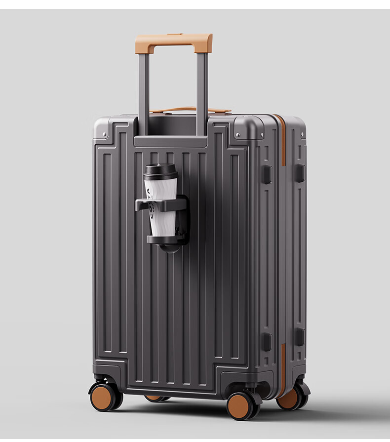 Lee High-Quality Suitcase with Cup Holder, Multifunctional Luggage, Travel Case, Student Password Lock Suitcase, Gray with Brown, 26 Inches 21