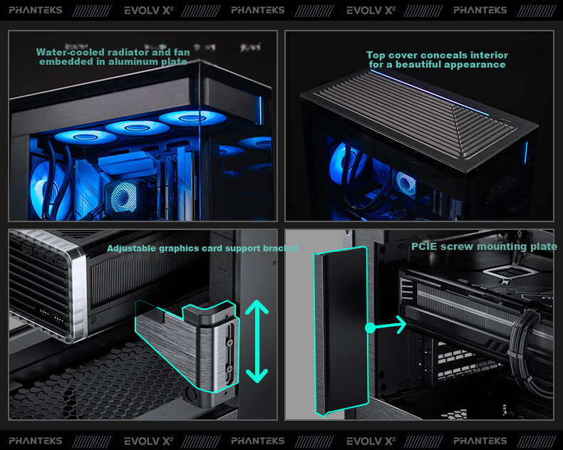 PHANTEKS EVOLV X2 Black Desktop Water-Cooled Computer Case with Panoramic View (20G Type-C, 360mm Radiator Support, Cable Management, Brushed Aluminum, 5090) 6