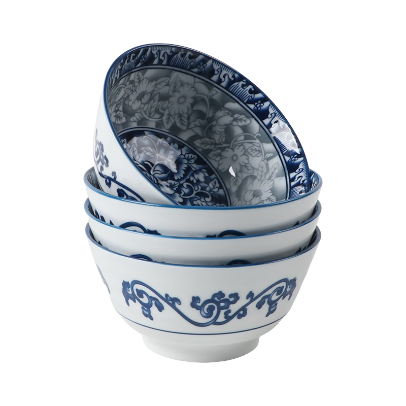 Huaqingge Household Bowl And Plate Dinnerware, Tang-Style Blue And White Porcelain, 5-Inch Rice Bowls, Set of 4, Insulated Anti-Scalding, Underglaze Color, Microwave Safe