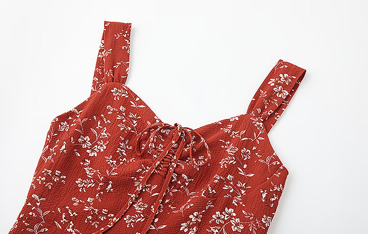 Dme [Xiao Xing Gan "Da Ji" Dress], Summer Holiday Style, Small Floral Print, Spaghetti Strap, Bodycon, Waist-Cinching Women's Dress 13