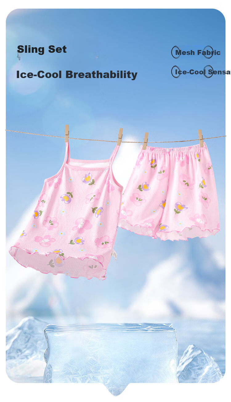 DEESHA Children's Clothing, Girls' Summer Mesh Pajama Set, Large Medium Small Camisole Loungewear, Sweet Heart Design, Size 130 1