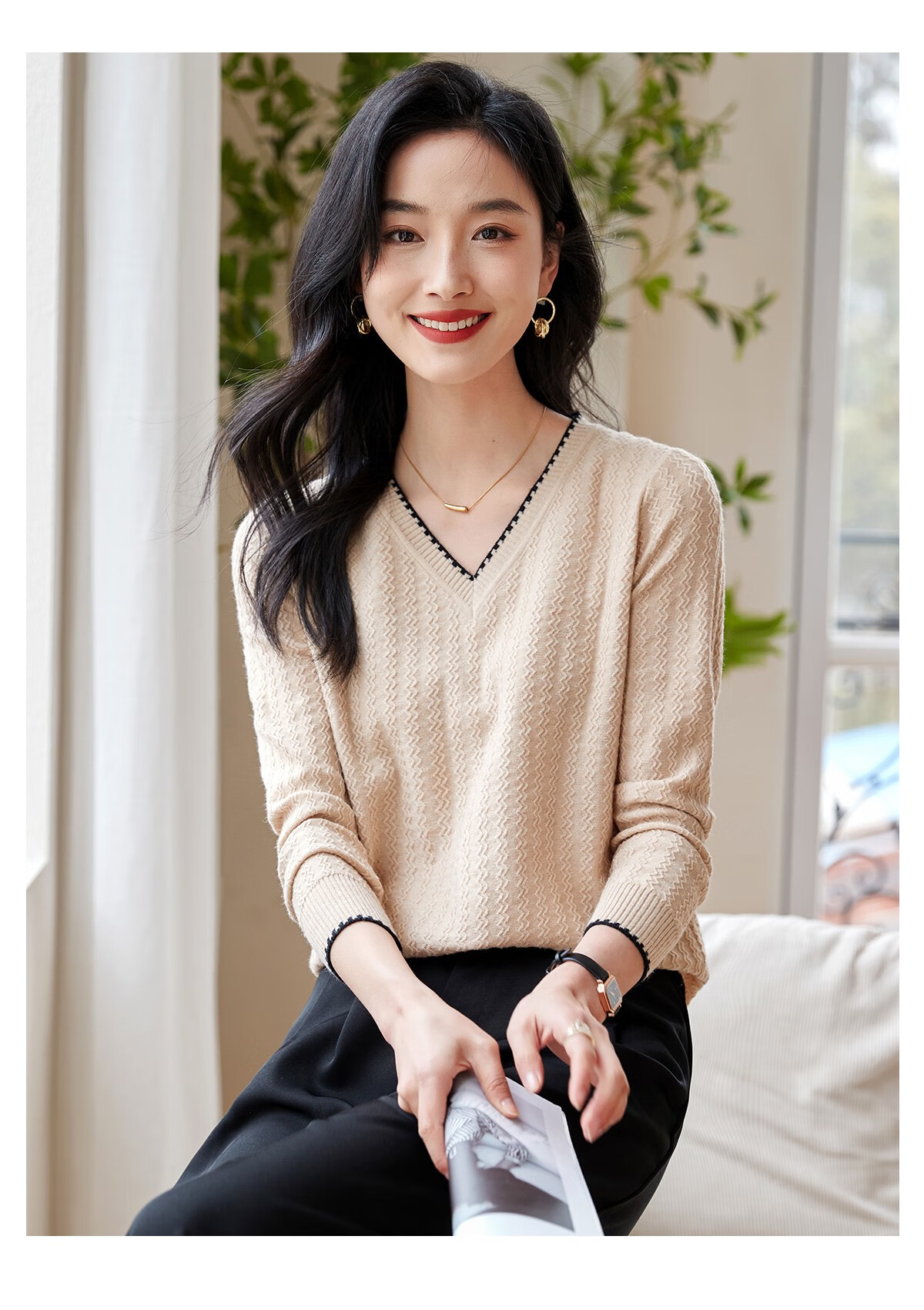 Chushen Women's Spring and Autumn Knitwear Fashionable Elegant V-Neck Color-Block Collar Long Sleeve Base Shirt S141Z3649 15