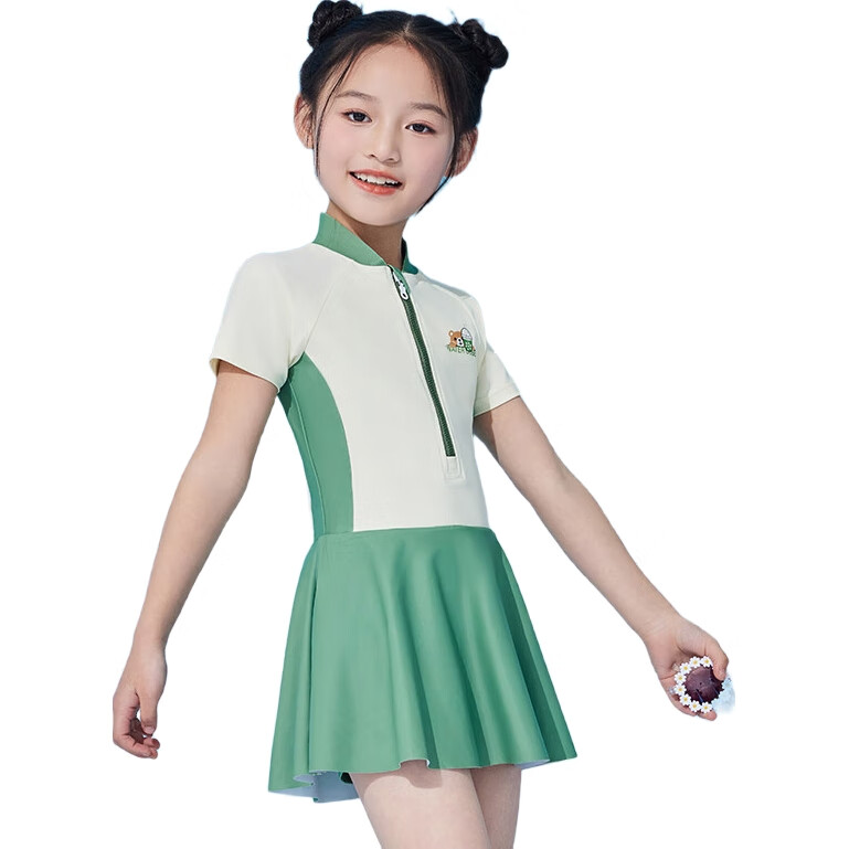 WATER CUBE Girls' One-Piece Swimsuit Dress for Children And Teens, Comfortable Professional Swimwear, Grass Green, Size 18