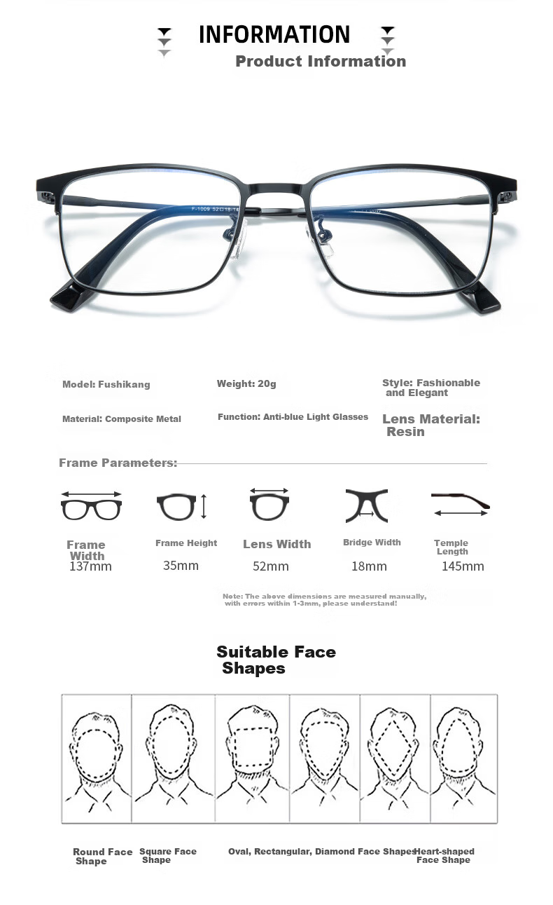 Fushikang Business Anti-Blue Light Metal Full-Frame Imported Ultra-Light High-Definition Reading Glasses F1009, Black +100 Degrees 14