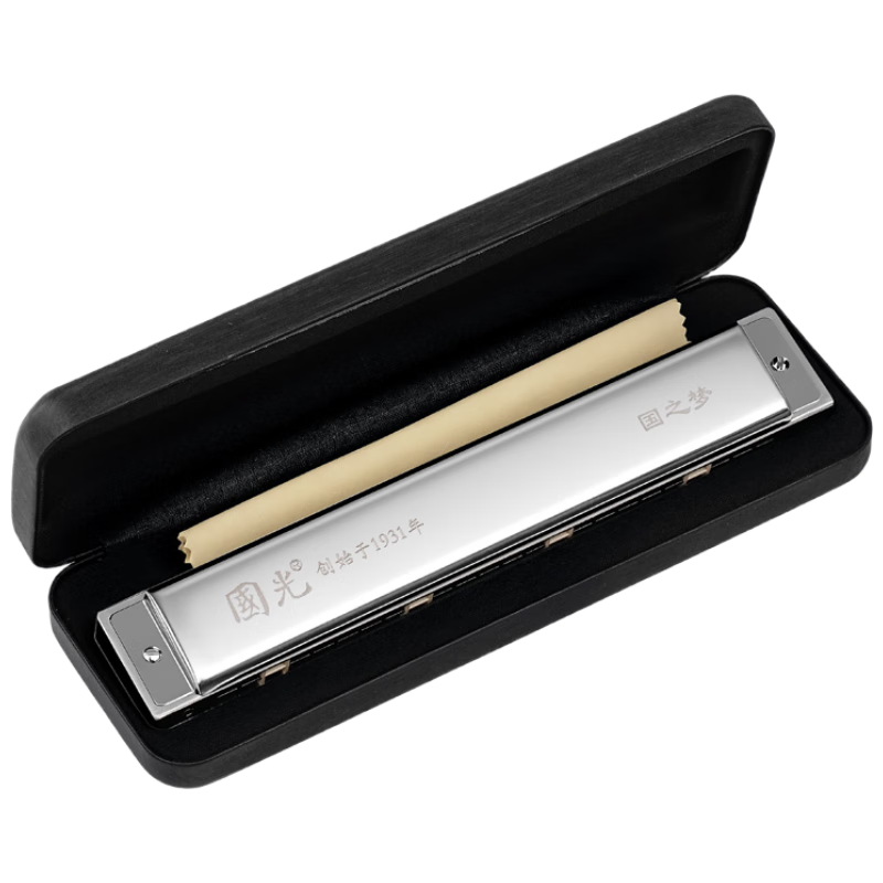 Guoguang 24-Hole National Dream Imported Harmonica, Competition-Grade Polyphonic C Key Harmonica (Flowing Silver/With Instruction Manual)