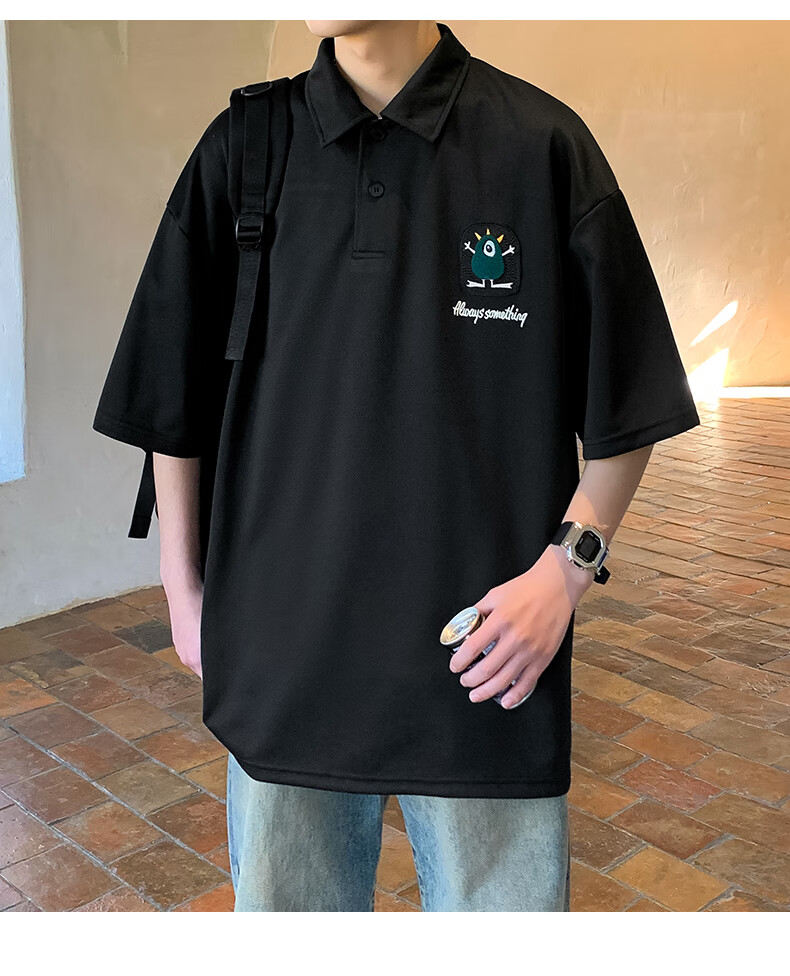 Foss Phil Short-Sleeve Polo Shirt for Men And Women, Summer Casual Loose Versatile Ice Silk Lapel American-Style T-Shirt, 226 Black 2XL 6