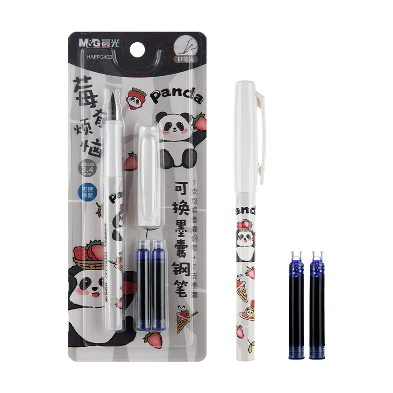 M&G Stationery EF Pointed Student Writing Fountain Pen Set (Fountain Pen *1 + 3.4mm Diameter Pure Blue Ink Cartridges *2), Panda Full White Handle HAFP0402, Back-To Essential