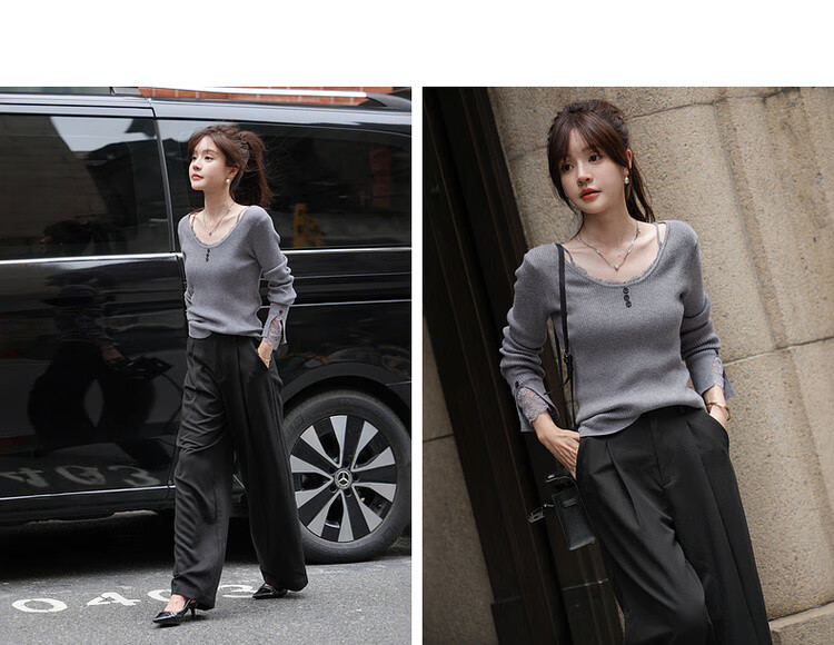MT Slim Fit Short Wool Blend Lace Splice U-Neck Knit Sweater for Women - Autumn Collection 6