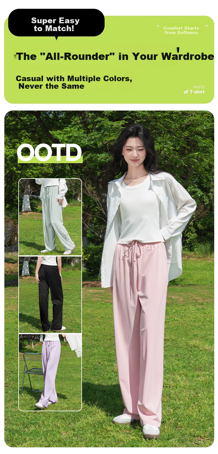 Baleno Women's Ice Silk Sun Protection Pants Summer Thin High Waist Draped Straight Wide Leg Casual Loose Trousers 3