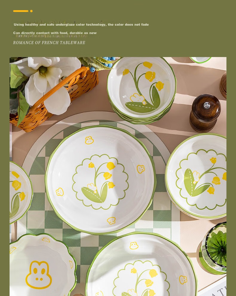 KANGMO Tableware Set, New Home-Use High-Temperature Underglaze Color Fresh Ceramic Bowls And Plates, Complete Dinnerware Set, Lily of The Valley Rabbit Design, 18 Pieces 9