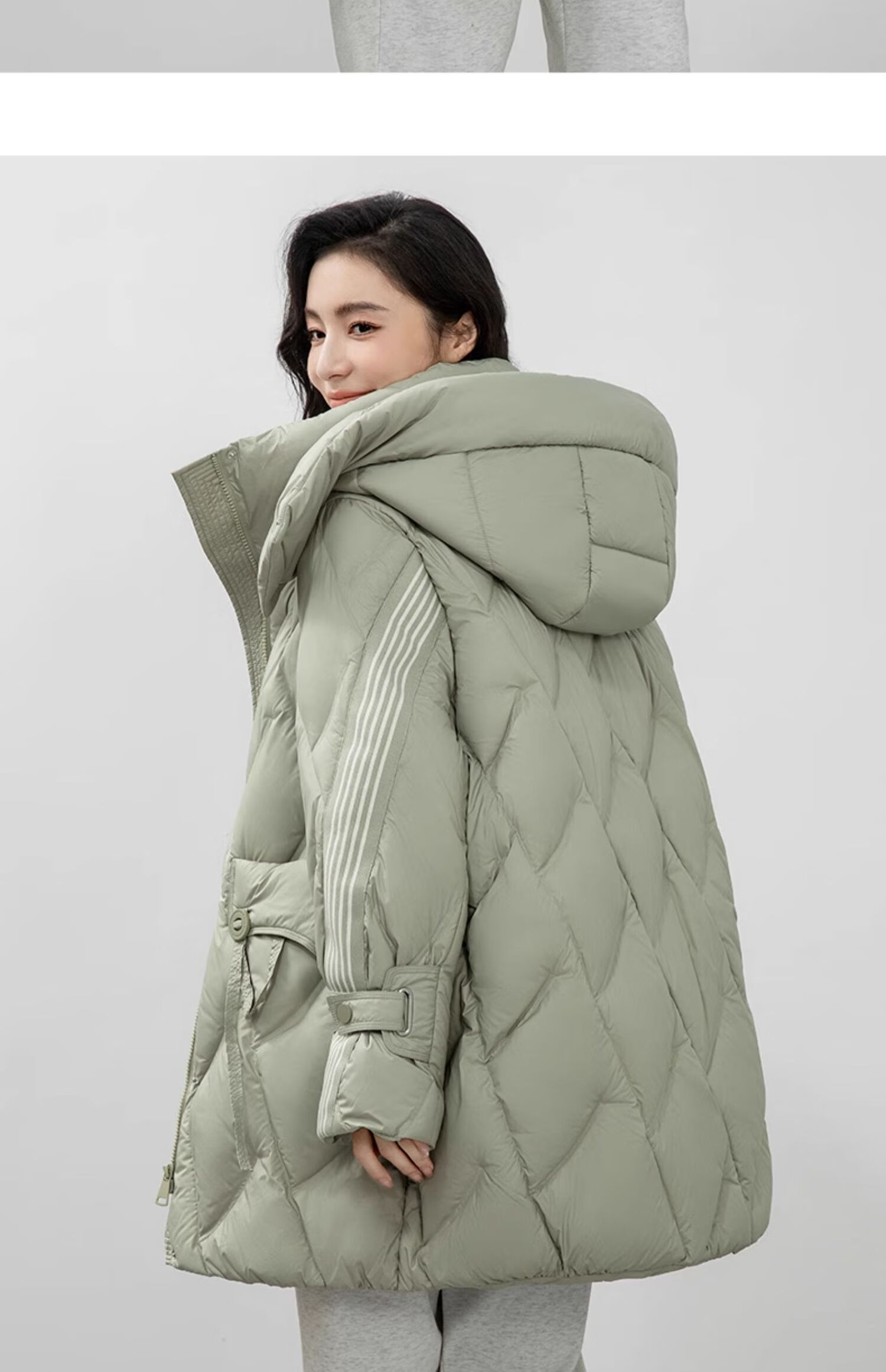 BLOOM FLOWERS Women's Down Jacket 2025 Winter Mid-Length Solid Color Striped Fashion Casual Hooded Warm Coat 13