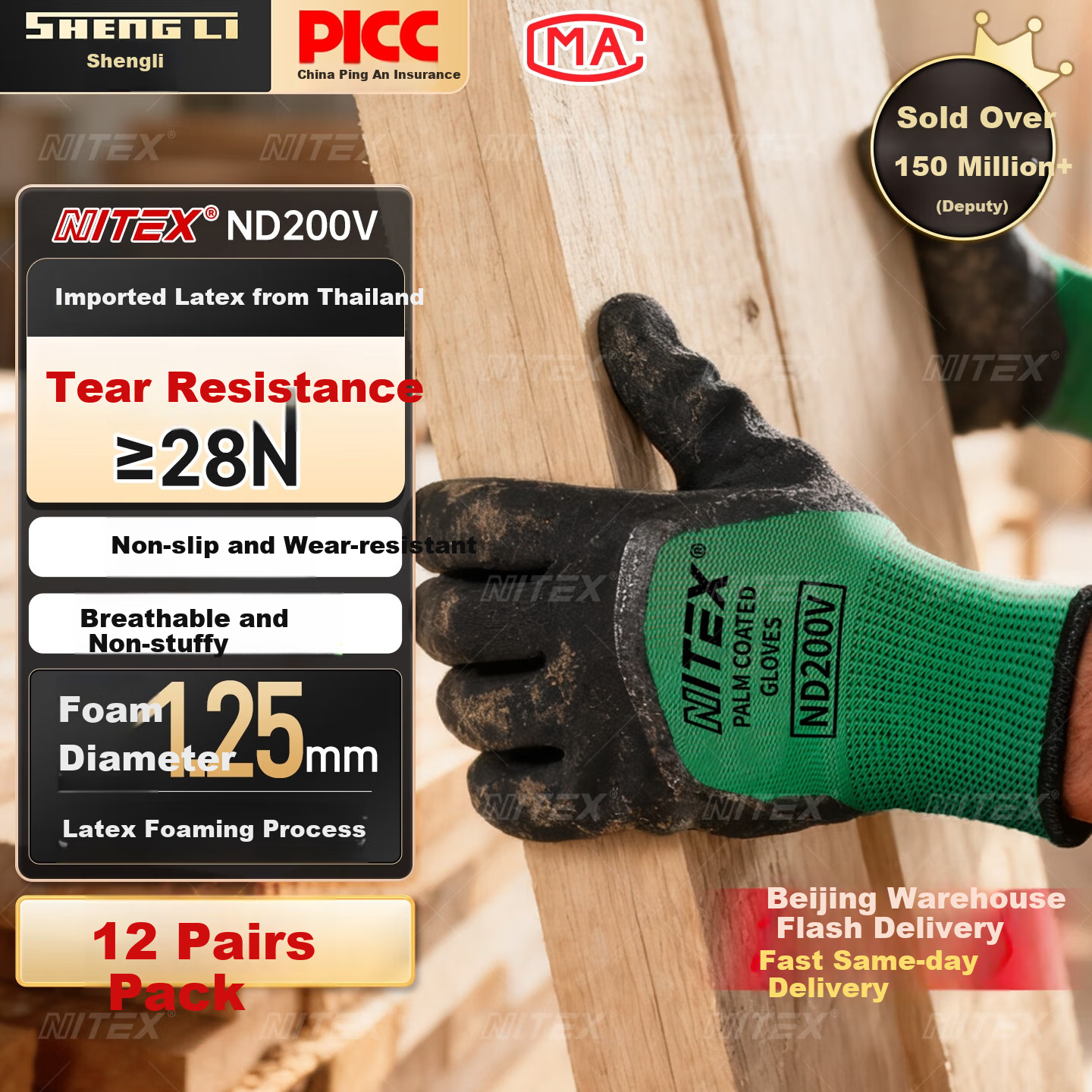 SHENGLI Work Gloves, Coated Work Gloves, Anti-Slip And Wear-Resistant Work Gloves, Latex Wrinkled Pattern ND200V, 12 Pairs/pack