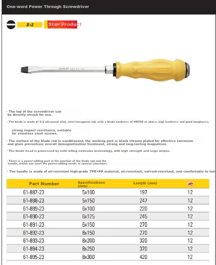 STANLEY Straight-Flute Fully-Through Impact Screwdriver, 8x150mm, 61-892 1