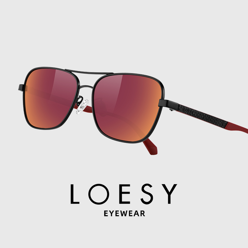 LOESY Double-Sided Coated Polarized Carbon Fiber Comfortable Square Sunglasses for Driving And Fishing, Sunset Red