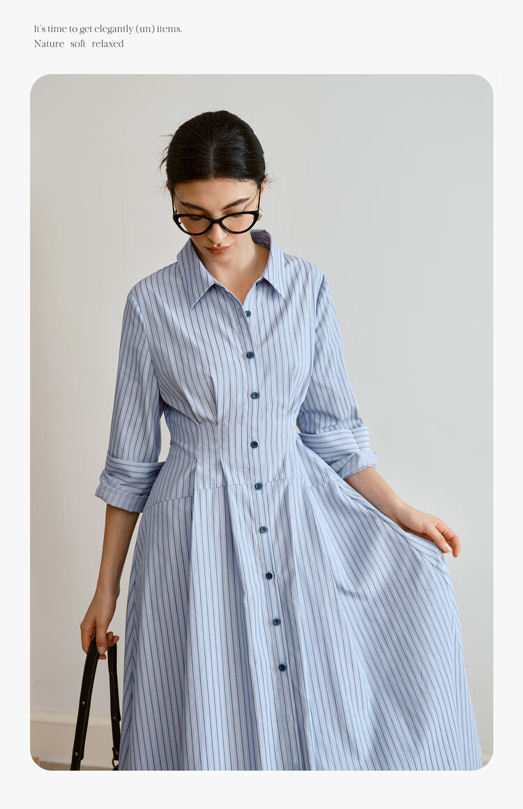Oulain Autumn Women's Wear, Commuter Blue Striped Waist-Cinching Shirt Dress, Slimming Long Skirt, Blue Stripes, Size S 4