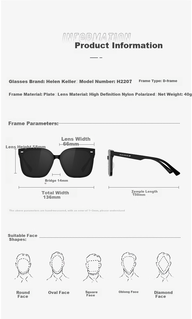 HELEN KELLER Polarized Sunglasses, Fashionable Square Frame Sunglasses for Men And Women, Driving Sun Protection Glasses H2207H08 6