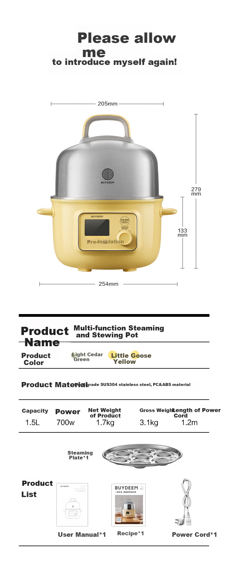 Buydeem Electric Cooking Pot, Electric Steamer Pot, Mini Steamer for Home Use, Electric Hot Pot, Fully Automatic Reservation, Heat Preservation Steamer Pot, Multi-Purpose Cooker for Home Use, Steaming, Cooking And Stewing Pot [G37 Small Yellow] 16