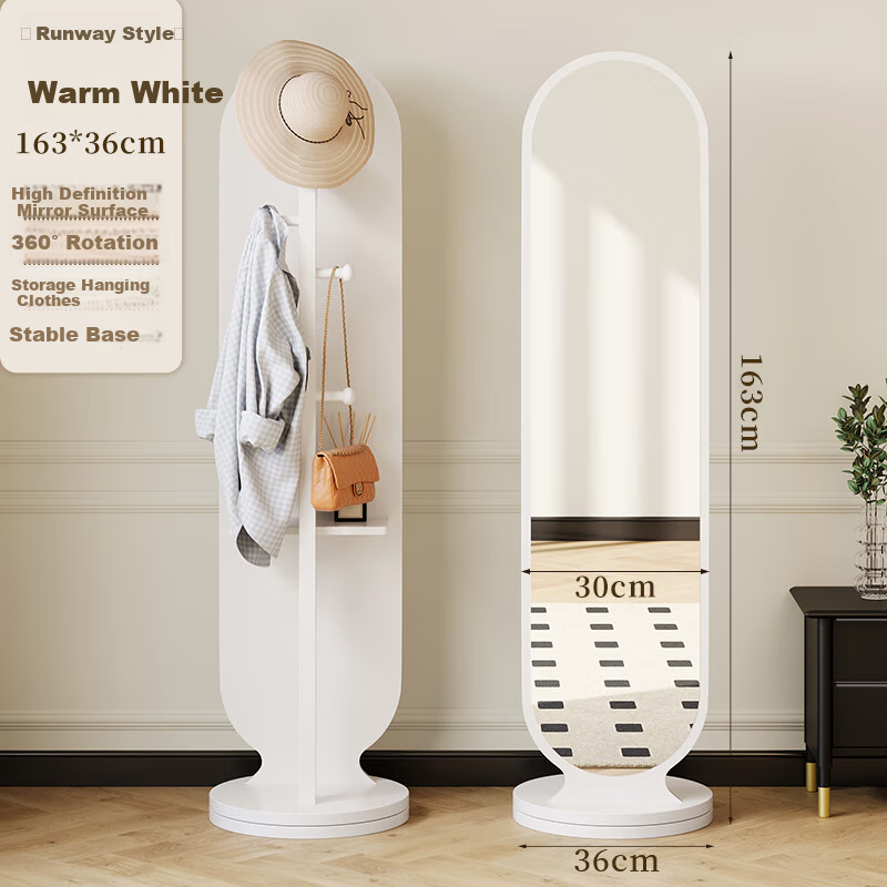Quanpinwu Rotating Full-Length Floor Mirror, Home Bedroom Coat Rack Mirror Combo, Dressing Mirror Stand, White, 30cm