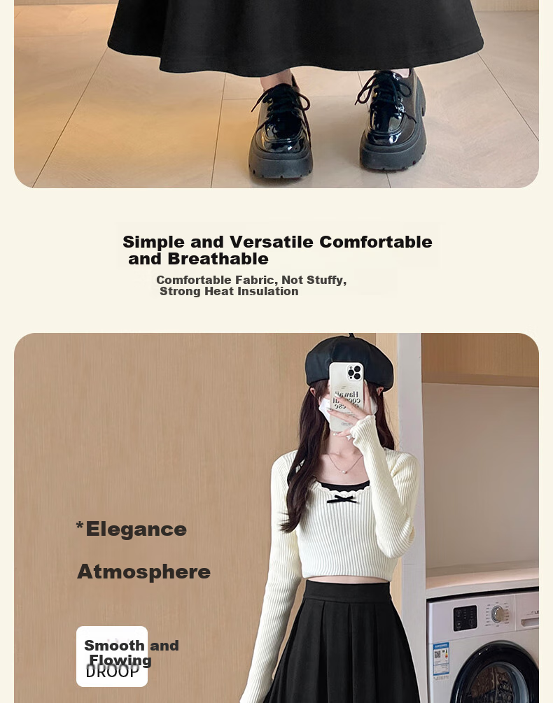 LangSha Women's Woolen Feel Skirt 2026 Spring Autumn High Waist Loose Slim A-Line Mid-Length Skirt 8