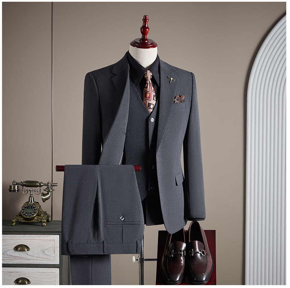 ROMON Men's Business Suit Set Blazer + Vest + Trousers Black 2XL 1