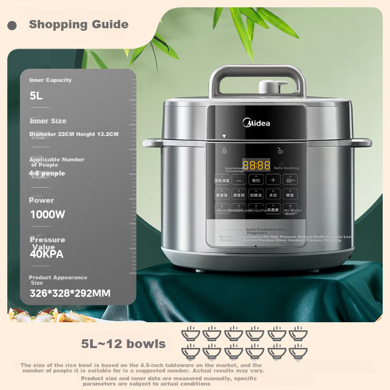 Midea Dumpling King Electric Pressure Cooker, 5L Household Electric Pot, Fully Automatic Intelligent Reservation, Waterless Baking, Dual Inner Pot, Open Lid Hot Pot, High Pressure Cooker MY-E5910 (For 4-6 People)