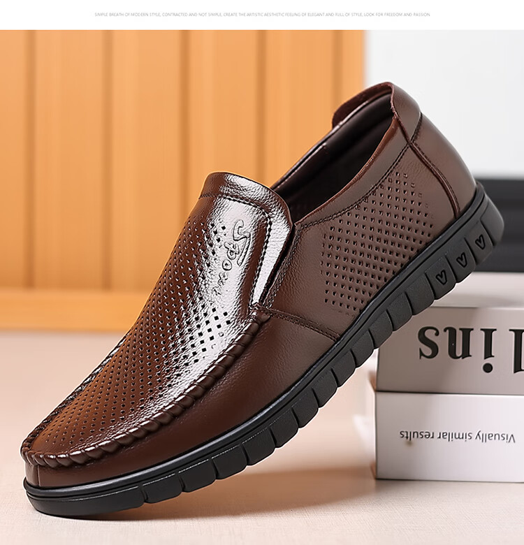 MEXICAN Business Casual First Layer Cowhide Men's Dress Shoes Hollow Breathable Slip-On Large Size Brown 39 21