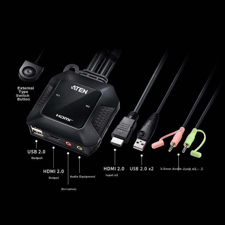 ATEN CS22H Integrated HDMI2 Port KVM Switch, 4K Multi-Computer Screen Splitter, Hot-Swappable USB, with Audio, External Switch Buttons 4